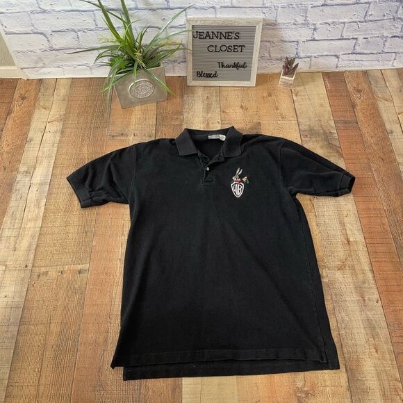Vintage Warner Bros Mens Short Sleeve Embroidered Bugs Bunny Black Polo Shirt - Picture 3 of 7
